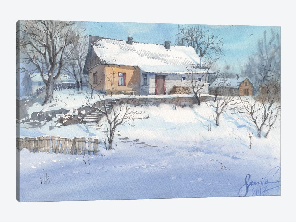 Winter Landscape Watercolor Painting by Samira Yanushkova 1-piece Canvas Art Print