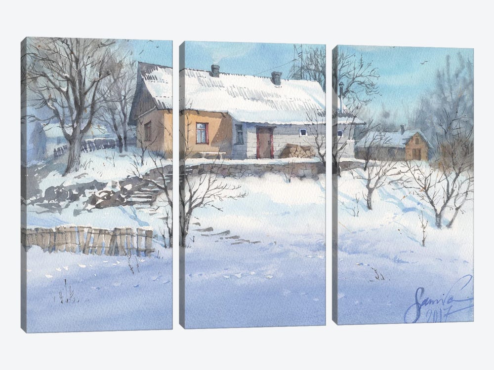 Winter Landscape Watercolor Painting by Samira Yanushkova 3-piece Canvas Print