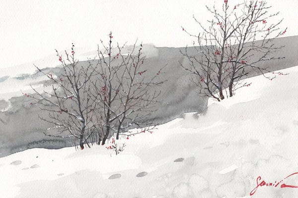 Samira Yanushkova: Winter Landscape Painting Watercolor by Samira Yanushkova