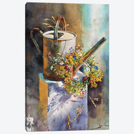 Still Life With Watering Can And Flowers Canvas Print #SYH62} by Samira Yanushkova Canvas Art