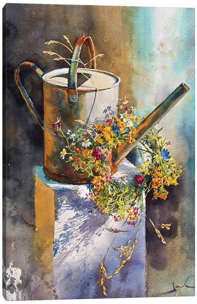 Still Life With Watering Can And Flowers Canvas Art Print - Samira Yanushkova