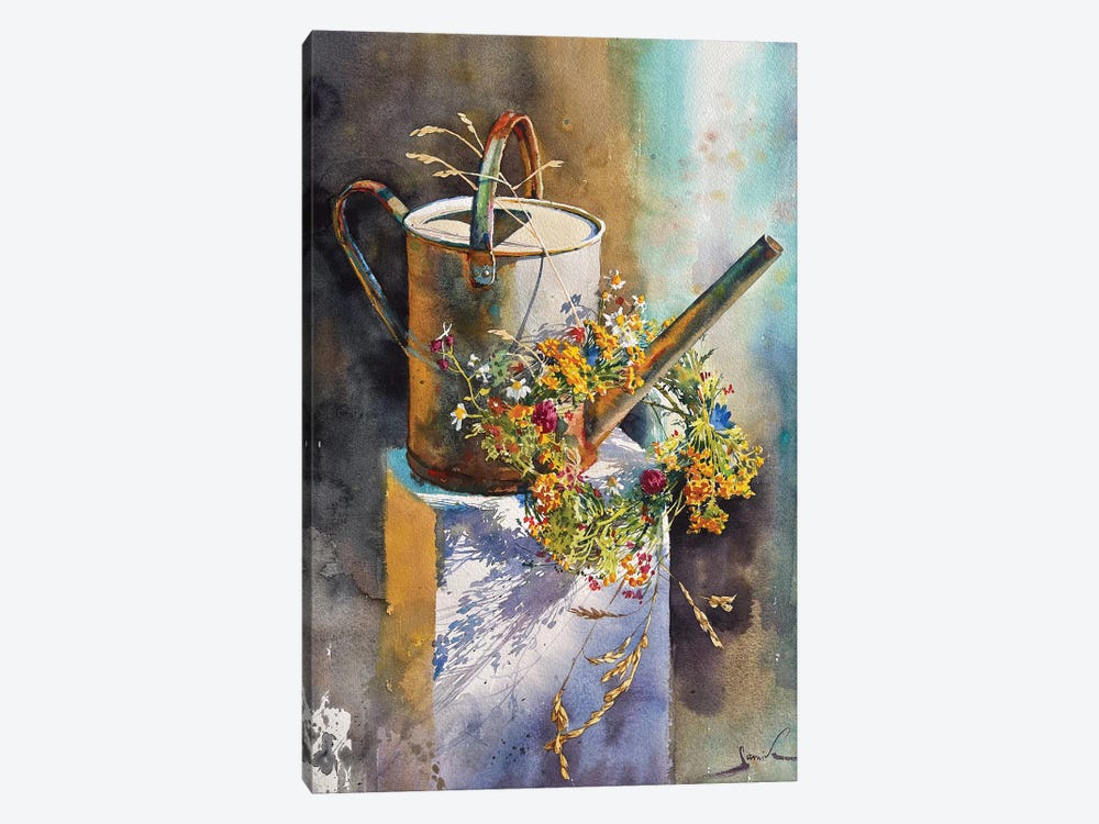 Still Life With Watering Can And Flowers by Samira Yanushkova 1-piece Canvas Artwork