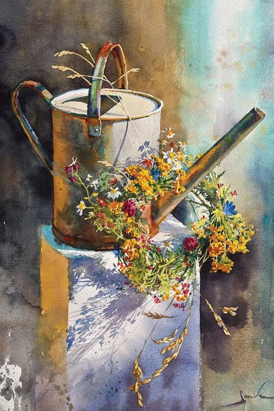 Samira Yanushkova: Still Life With Watering Can And Flowers by Samira Yanushkova