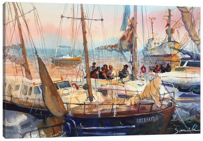 Evening At Sea Yachts At Sea With People Canvas Art Print - Yacht Art