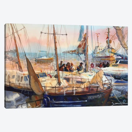 Evening At Sea Yachts At Sea With People Canvas Print #SYH69} by Samira Yanushkova Canvas Art
