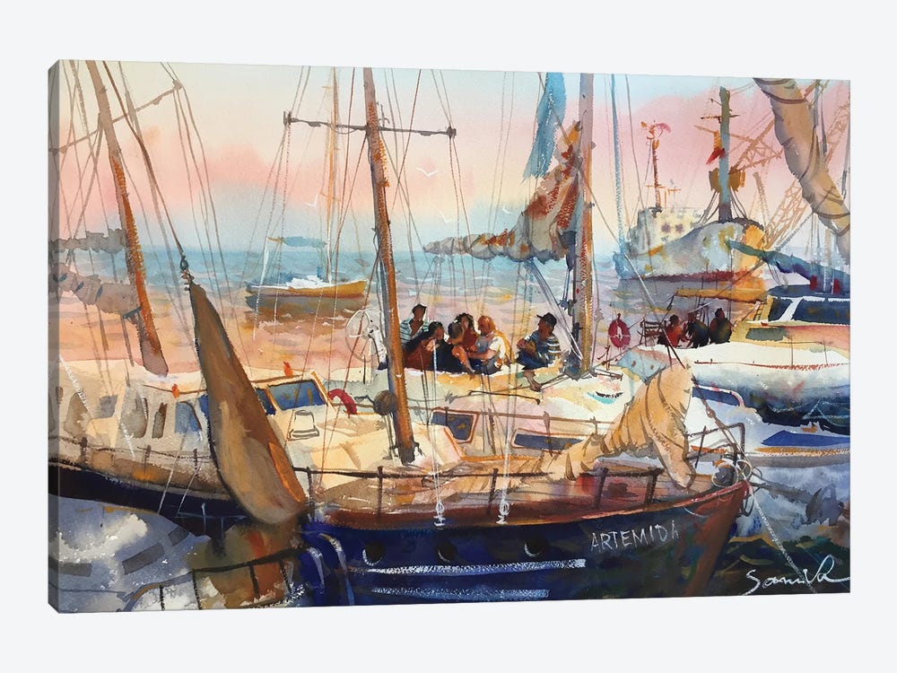 Evening At Sea Yachts At Sea With People by Samira Yanushkova 1-piece Canvas Print