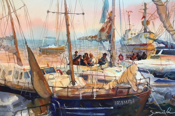 Yachts: Evening At Sea Yachts At Sea With People by Samira Yanushkova