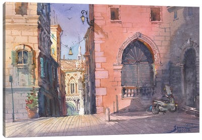 European Cityscape Square In Italy Canvas Art Print - Intricate Watercolors