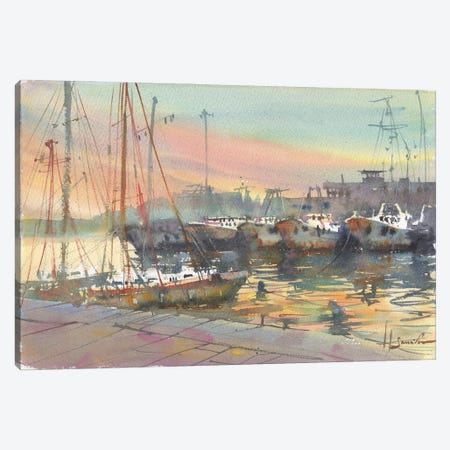Yachts In The Port Watercolor Canvas Print #SYH82} by Samira Yanushkova Canvas Artwork