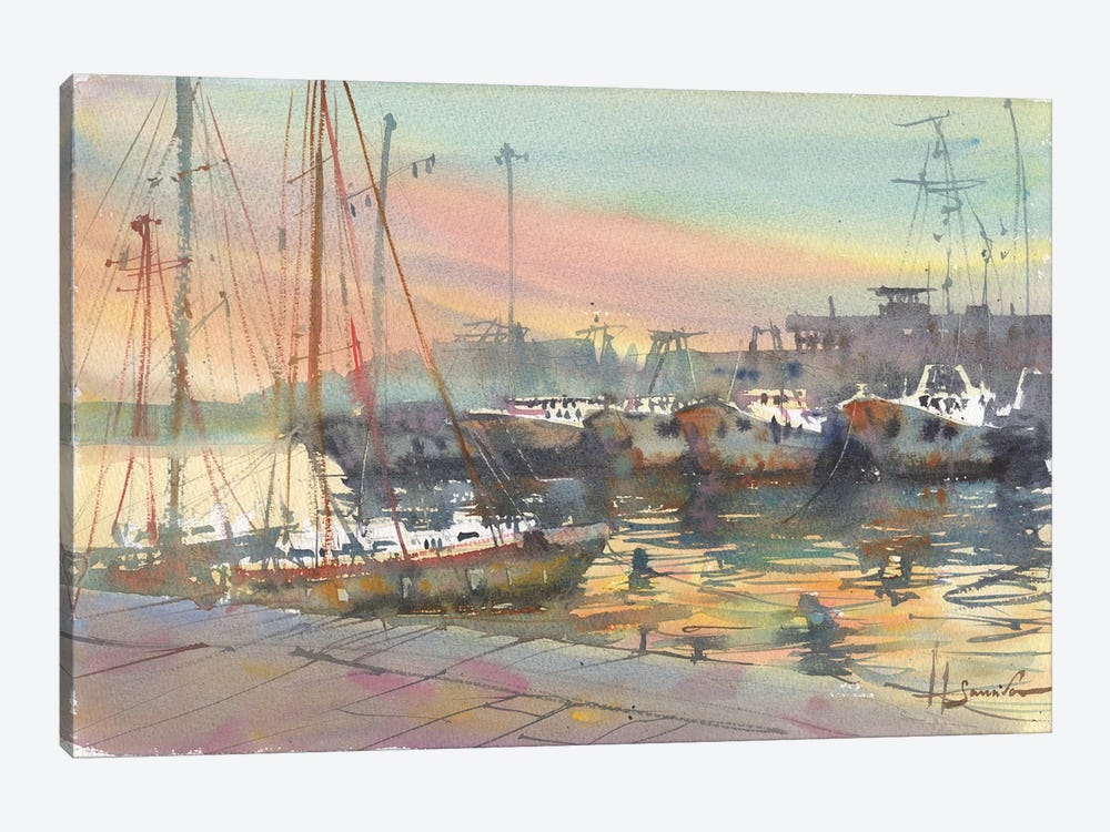 Yachts In The Port Watercolor by Samira Yanushkova 1-piece Canvas Art