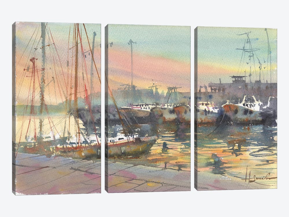 Yachts In The Port Watercolor by Samira Yanushkova 3-piece Canvas Artwork