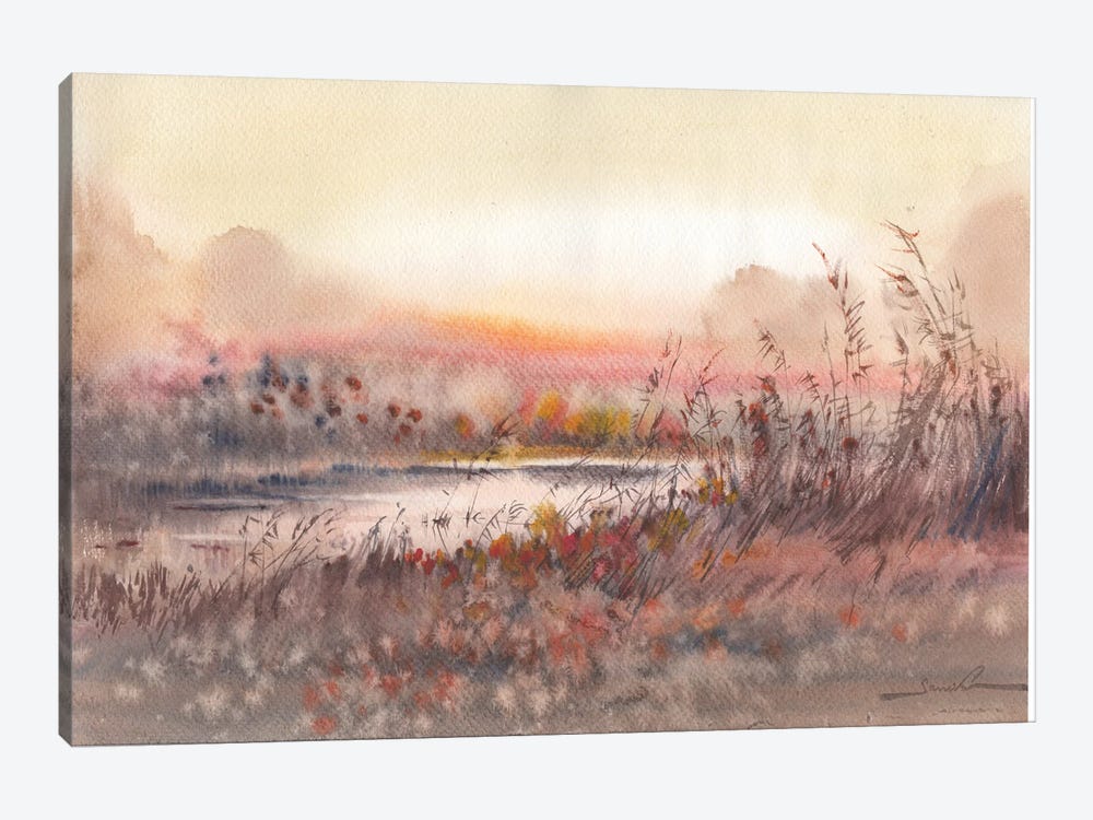 Sunrise Landscape Watercolor Painting by Samira Yanushkova 1-piece Canvas Art Print
