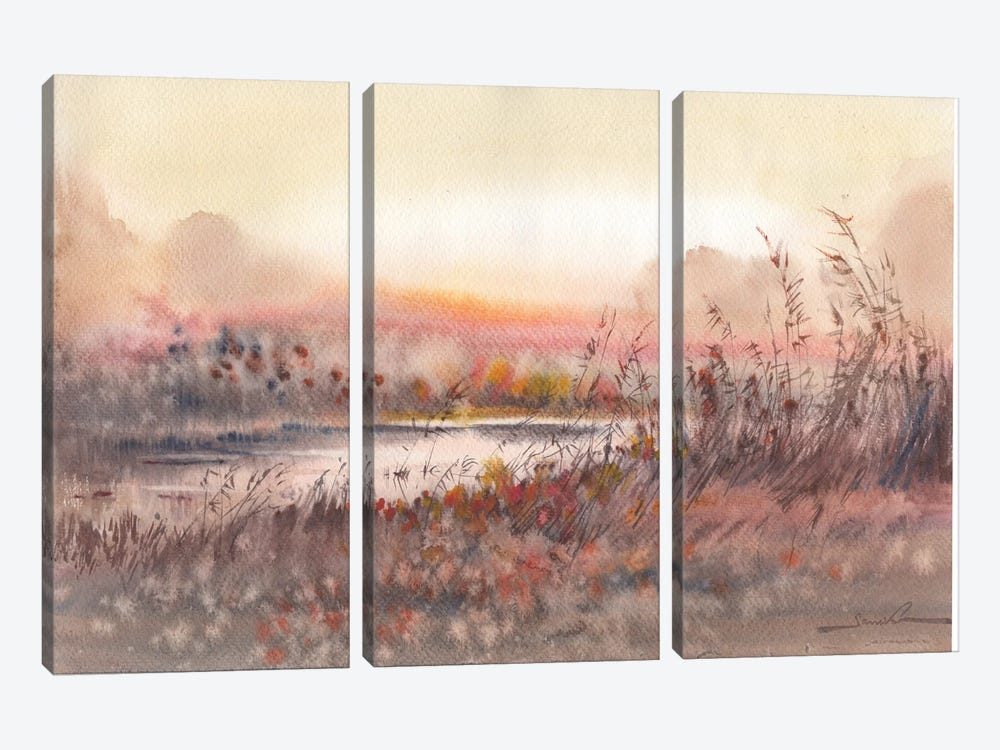 Sunrise Landscape Watercolor Painting by Samira Yanushkova 3-piece Canvas Print