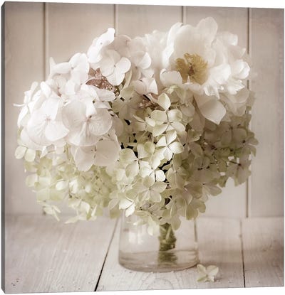 White Flower Vase Canvas Art Print - Vintage Styled Photography