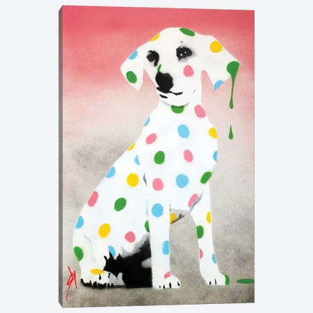 Damien's Dotty Spotty Dawg - Pink Canvas Print #SYX1} by Juan Sly Canvas Artwork