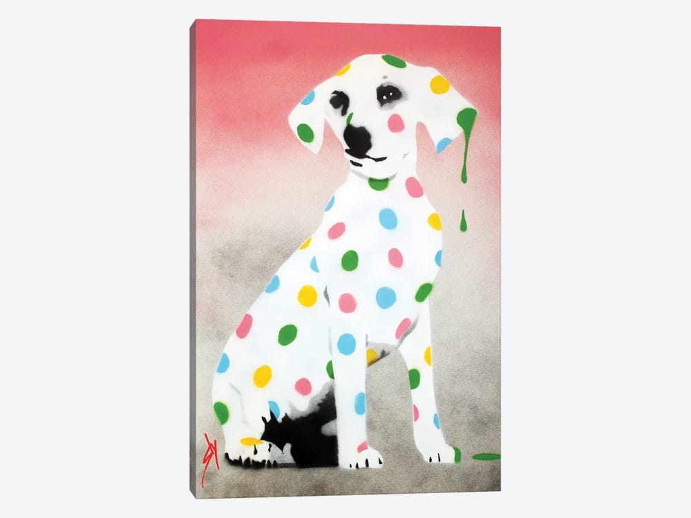 Damien's Dotty Spotty Dawg - Pink by Juan Sly 1-piece Art Print