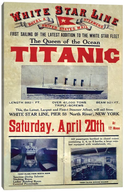 1912 UK Titanic Poster Canvas Art Print - By Water