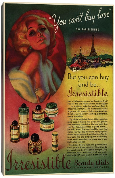 1930s Irresistible Perfume Magazine Advert Canvas Art Print - Perfume Bottle Art