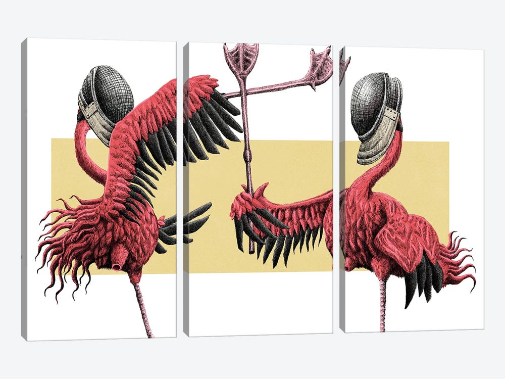 Flamingos Fencing by Tim Andraka 3-piece Canvas Art