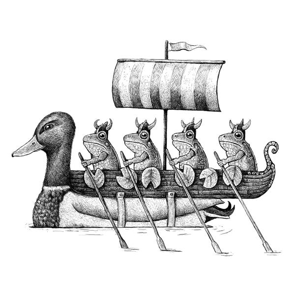 Black & White Drawings & Illustrations: Pond Longship - Black And White by Tim Andraka