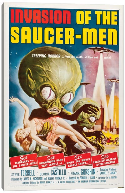 Invasion Of The Saucer-Men (1957) Movie Poster Canvas Art Print - Vintage & Retro Wall Art