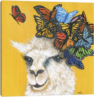 Llama and Butterflies Canvas Art Print - Mellow Yellow