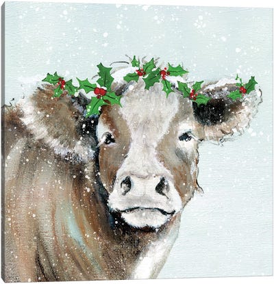 Holly Pasture I Canvas Art Print - Christmas Cow Art