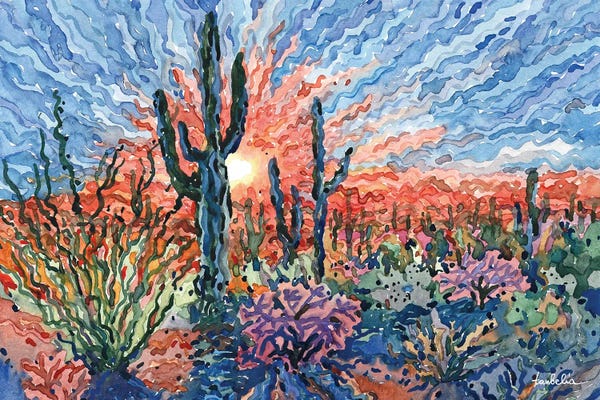 Cacti: Sunset In Saguaro National Park by Tanbelia