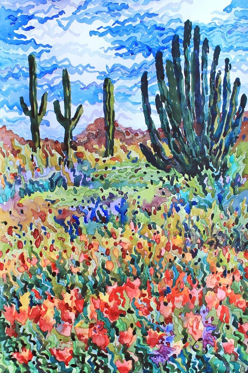 Saguaro Cactuses And Poppies by Tanbelia wall art
