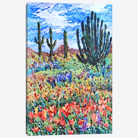 Saguaro Cactuses And Poppies Canvas Print #TBA96} by Tanbelia Art Print