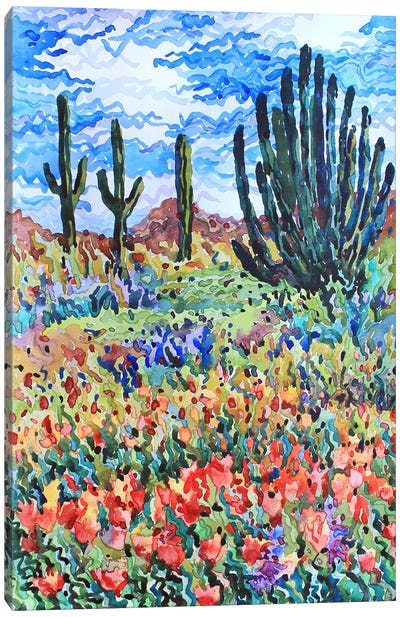 Saguaro Cactuses And Poppies Canvas Art Print - Tanbelia