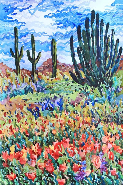 Tanbelia: Saguaro Cactuses And Poppies by Tanbelia