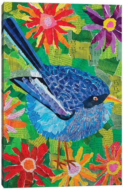 Bluebird In The Flowers Canvas Art Print - Teal Buehler