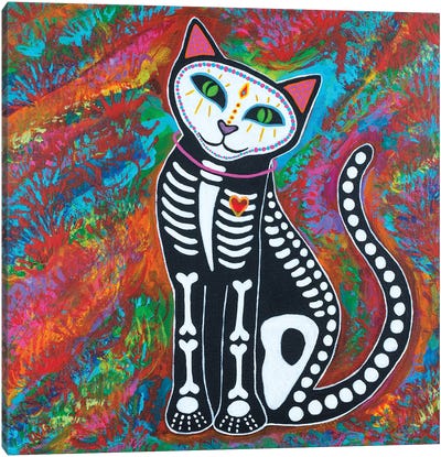 Day Of Dead Cat II Canvas Art Print - Día de los Muertos Art