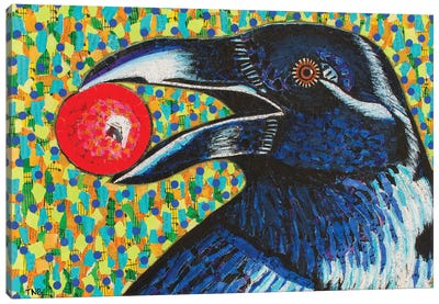 Raven With Berry Canvas Art Print - Teal Buehler