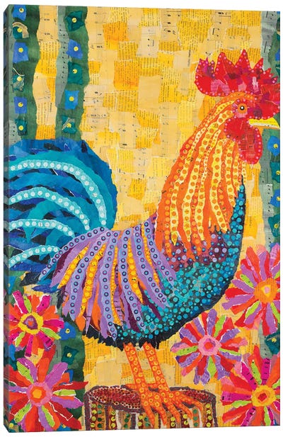Rooster In The Flowers Canvas Art Print - Teal Buehler