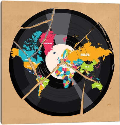 Broken World Record Canvas Art Print - World Map Art