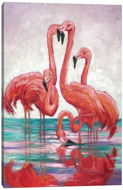Five Flamingos Canvas Art Print - Flamingo Art