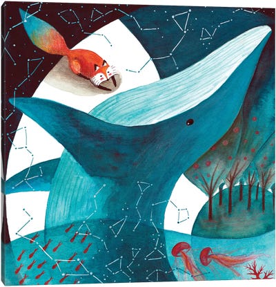 Fox And Whale III Canvas Art Print - Nursery Room Art