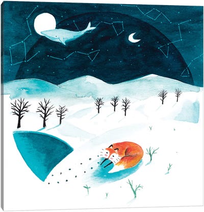 Fox And Whale Winter Canvas Art Print - Colorful Arctic