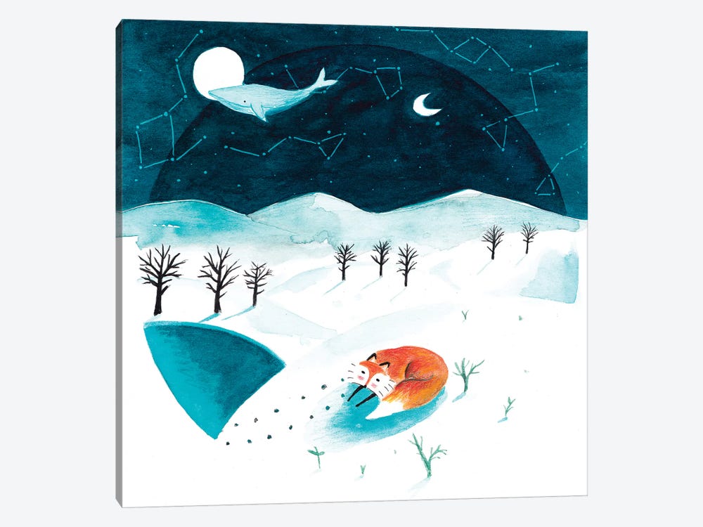 Fox And Whale Winter by The Cosmic Whale 1-piece Canvas Art
