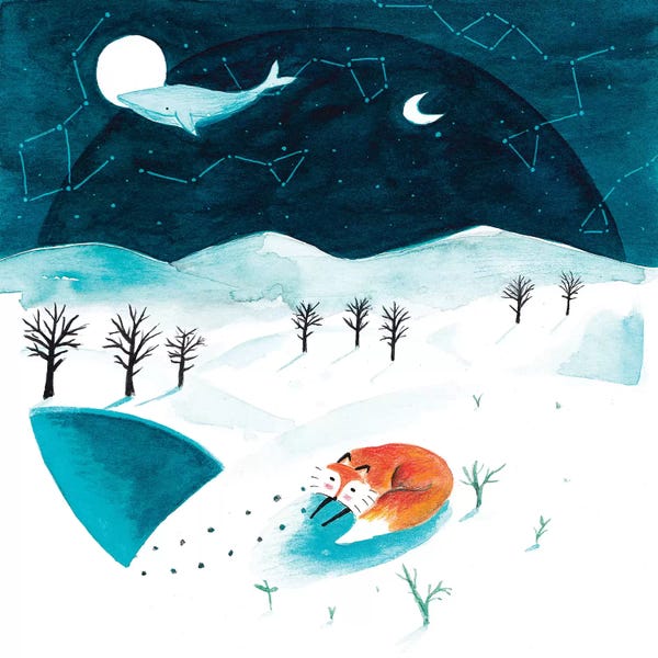 Kids Ocean Life Art: Fox And Whale Winter by The Cosmic Whale