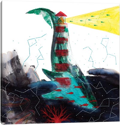 Whale And Lighthouse Canvas Art Print - Lighthouse Art