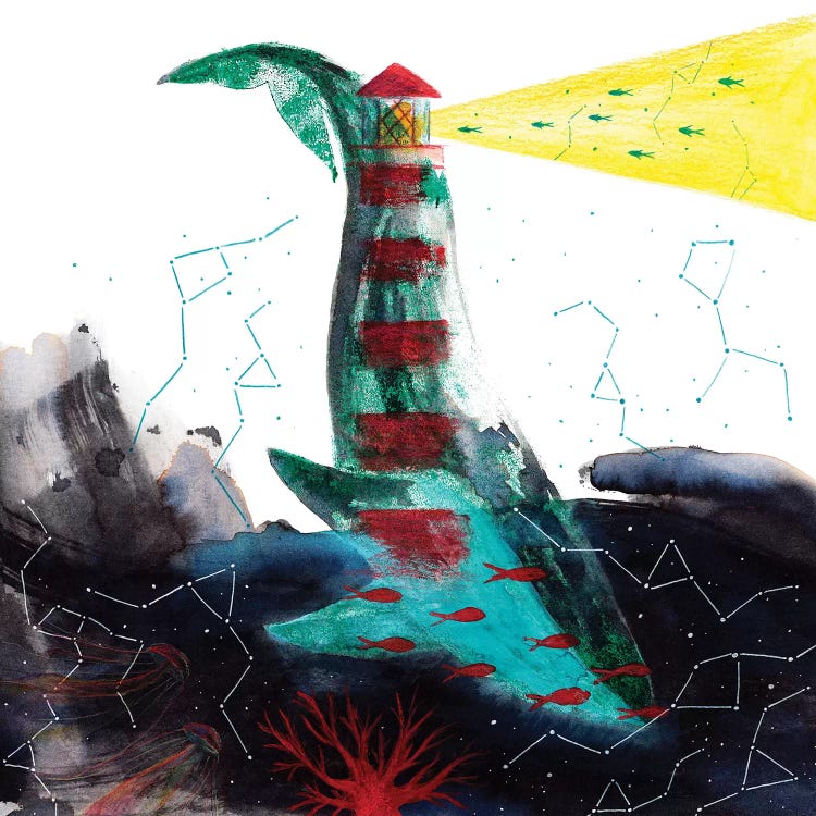 Whale And Lighthouse by The Cosmic Whale wall art