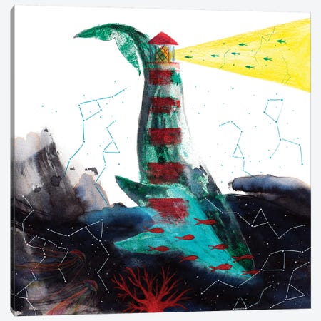 Whale And Lighthouse Canvas Print #TCW43} by The Cosmic Whale Canvas Art