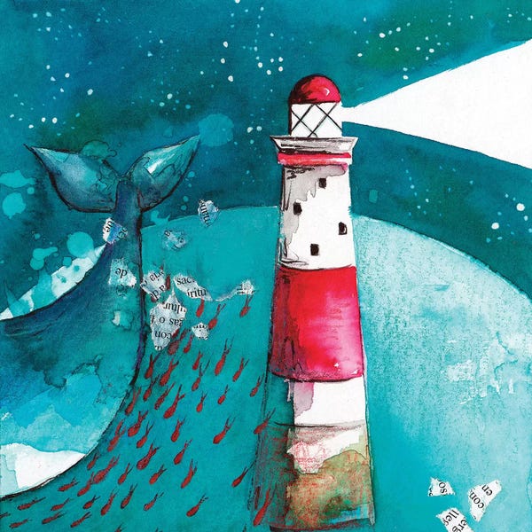 Kids Ocean Life Art: Whale With Lighthouse by The Cosmic Whale