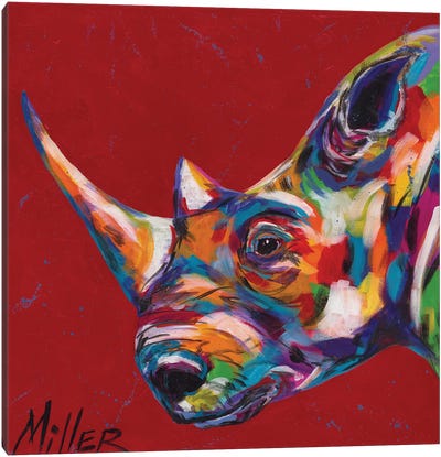 White Rhino On Red Canvas Art Print - Rhinoceros Art