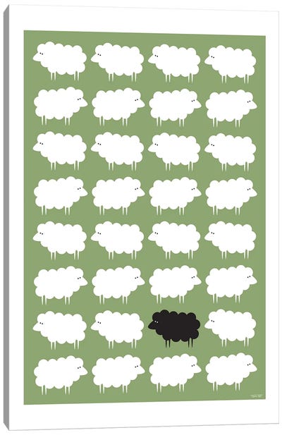 Black Sheep Canvas Art Print - Black, White & Green