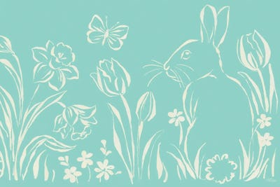 Canvas Art Prints: Teal Floral And Bunny by Cat Thurman Designs