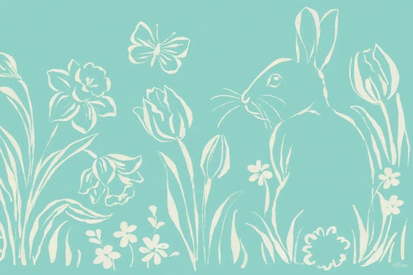 Fine Art Print: Teal Floral And Bunny by Cat Thurman Designs